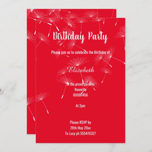 EINFACHE ROTE WEISSE FALLENDE DANDELION BLUME GEBU EINLADUNG (Vorne/Hinten)