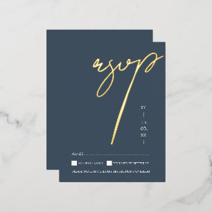Einfache Royal Blue Gold Script Hochzeit RSVP Gold Folie Einladungspostkarte