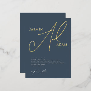 Einfache Royal Blue und Gold Script Wedding Gold Folie Einladungspostkarte