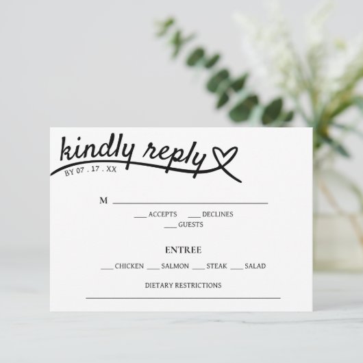 Einfache RSVP-Hochzeit mit weißem und schwarzem He RSVP Karte (Stehend Vorderseite)