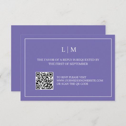 Einfache RSVP-Karte für Monogramm Lila QR-Code Dankeskarte (Vorne/Hinten)