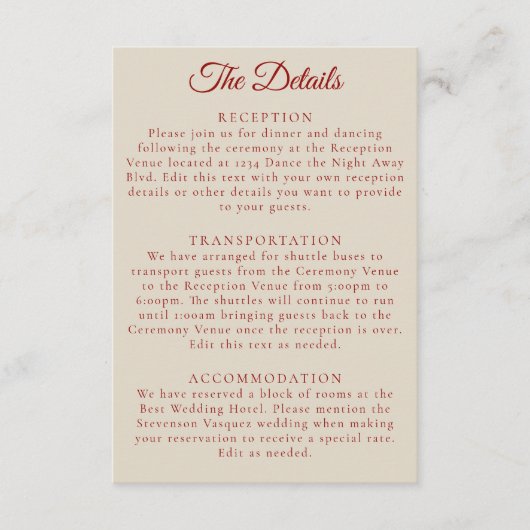 Einfache Ruby Red Bone White Wedding Details Begleitkarte (Vorderseite)