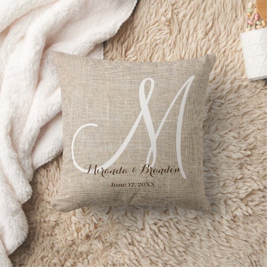 Einfache Rustikale Beige-Burlap-Monogramm-Hochzeit Kissen (Decke)