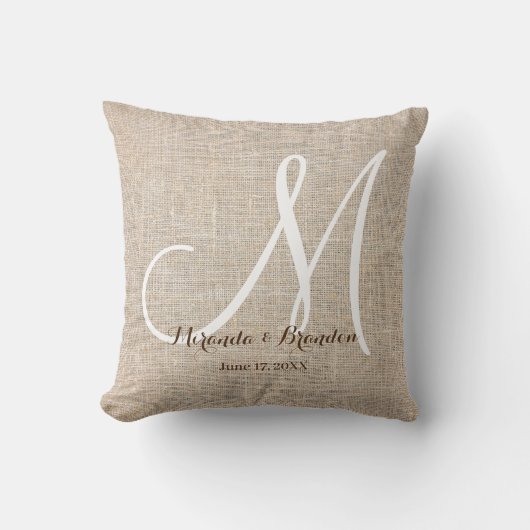 Einfache Rustikale Beige-Burlap-Monogramm-Hochzeit Kissen (Vorderseite)