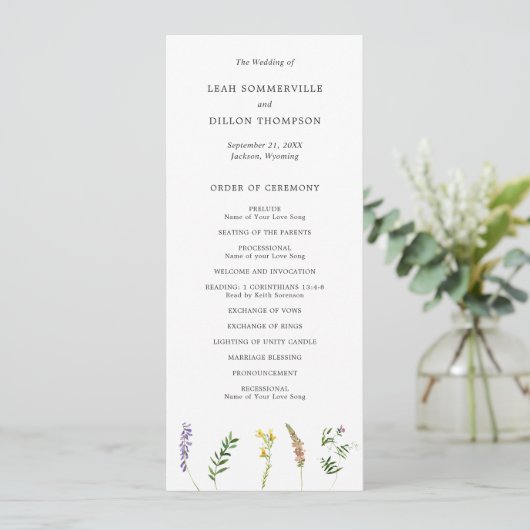 Einfache Rustikale Boho Wildblume Hochzeit Programm (Stehend Vorderseite)