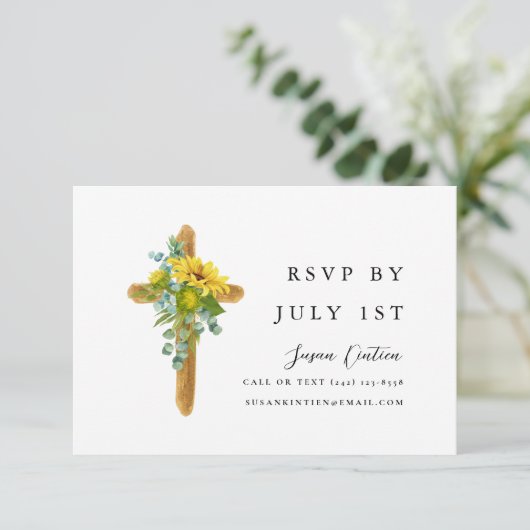 Einfache Rustikale Cross-Baptiskarte RSVP Karte (Stehend Vorderseite)