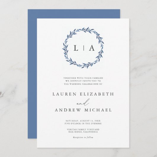 Einfache rustikale Dusty Blue Moderne Grüne Hochze Einladung (Vorne/Hinten)