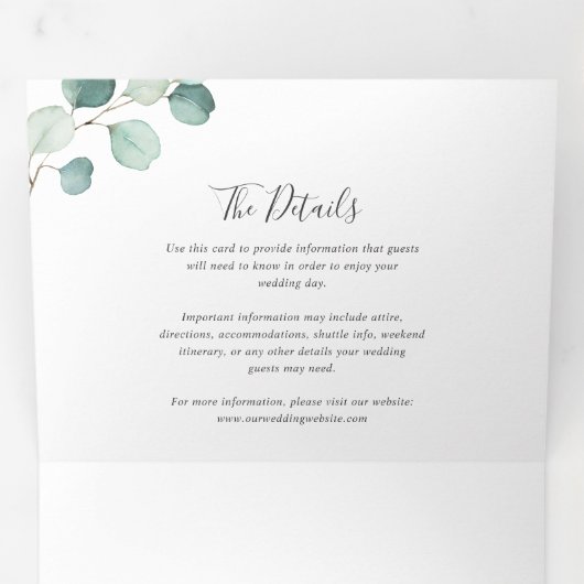 Einfache Rustikale Eukalyptus Grüne Elegante Hochz Dreifach Gefaltete Einladung (Innen Erste Seite)