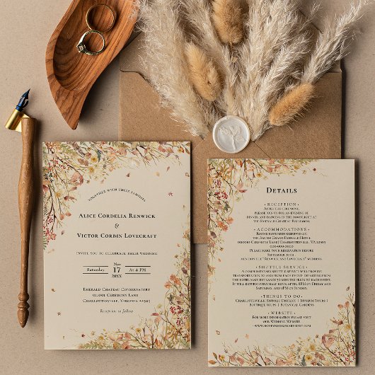 Einfache rustikale Fall Beige Hochzeitsdetails und Einladung