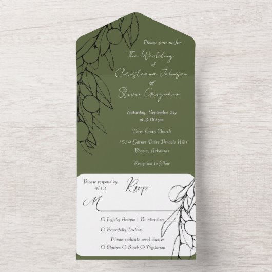 Einfache rustikale grüne und schwarze Olivenzweige All In One Einladung (Innen Boden)