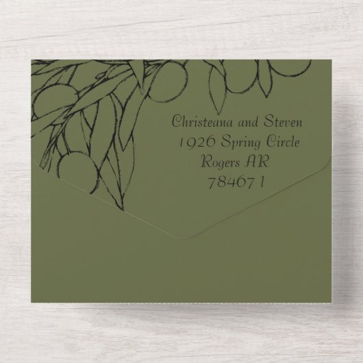 Einfache rustikale grüne und schwarze Olivenzweige All In One Einladung (Rückseite)