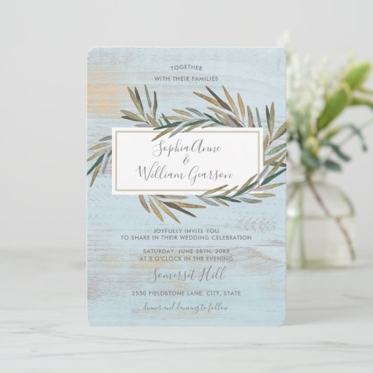 Einfache rustikale Hochzeit Blaues Holz und Wasser Einladung (Stehend Vorderseite)