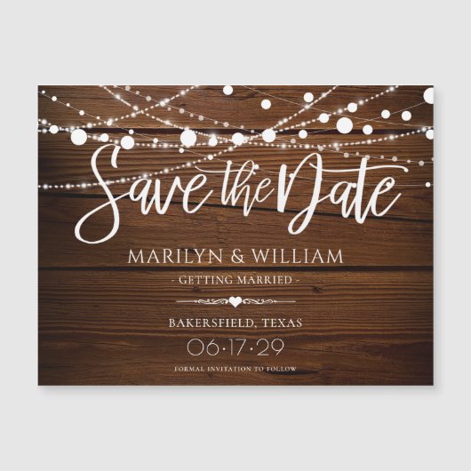 Einfache rustikale Holzreihenleuchten Save the Dat Magnetkarte (Vorderseite)