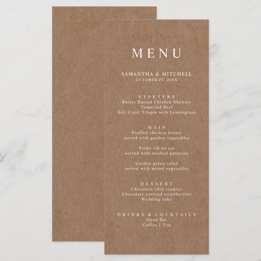 Einfache rustikale Kraft Brown Menü Menükarte (Vorne/Hinten)