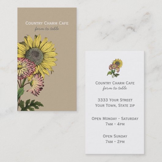 Einfache Rustikale Kraft Papier Sonnenblumenkarte Visitenkarte (Vorne/Hinten)