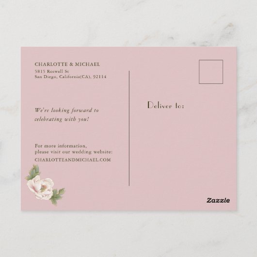 Einfache rustikale Save the Date-Blush-Peony-Hochz Postkarte (Rückseite)