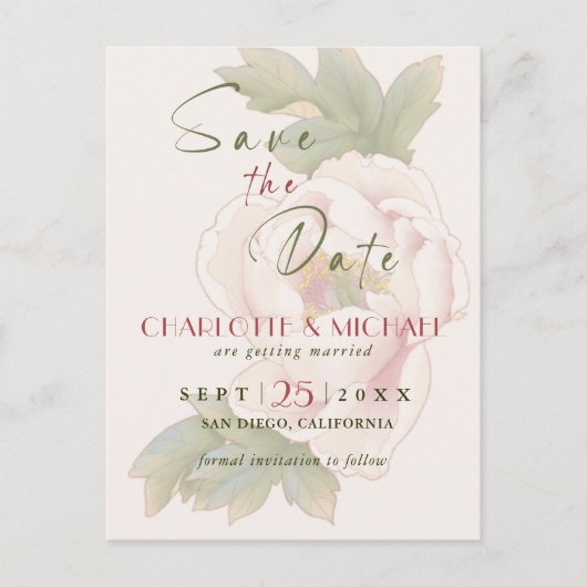 Einfache rustikale Save the Date-Blush-Peony-Hochz Postkarte (Vorderseite)