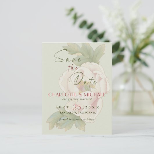 Einfache rustikale Save the Date-Blush Peony Weddi Postkarte (Stehend Vorderseite)