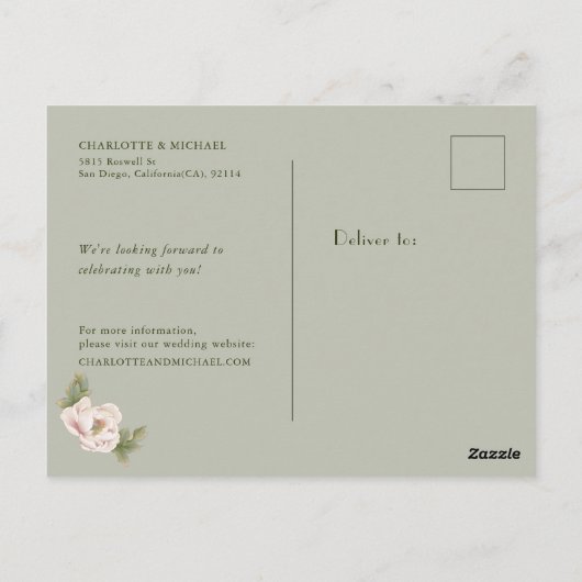 Einfache rustikale Save the Date-Blush Peony Weddi Postkarte (Rückseite)