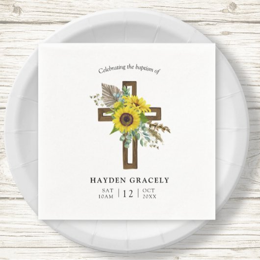 Einfache rustikale Sonnenblume Holzkreuz Taufe Serviette