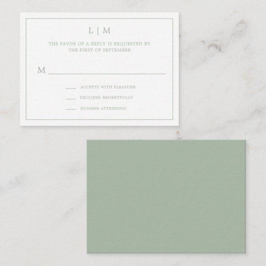 Einfache Sage Green Monogram Budget Hochzeit RSVP Mitteilungskarte (Vorne/Hinten)