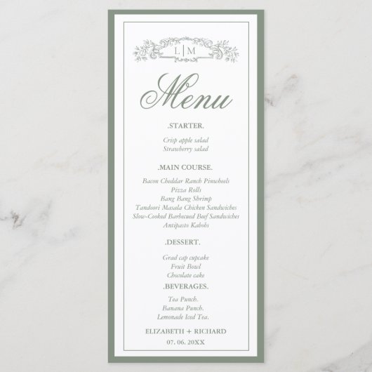 Einfache Sage Grünes botanisches Wappen Monogramm  Menükarte (Vorderseite)