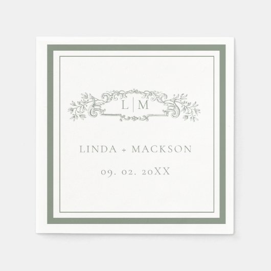 Einfache Sage Grünes botanisches Wappen Monogramm Serviette (Vorderseite)