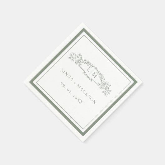 Einfache Sage Grünes botanisches Wappen Monogramm Serviette (Ecke)