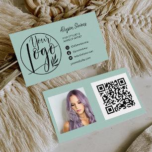 Einfache Salbei-Grün-Haarschminke Foto-Logo qr-Cod Visitenkarte