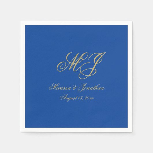 Einfache Saphire Blue Gold Monogram Script Hochzei Serviette (Vorderseite)
