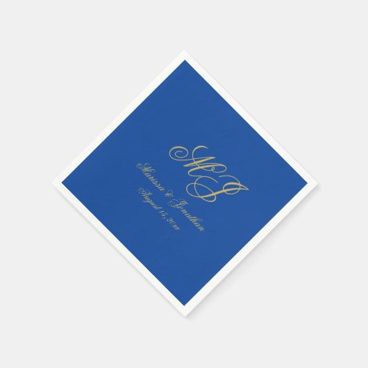 Einfache Saphire Blue Gold Monogram Script Hochzei Serviette (Ecke)