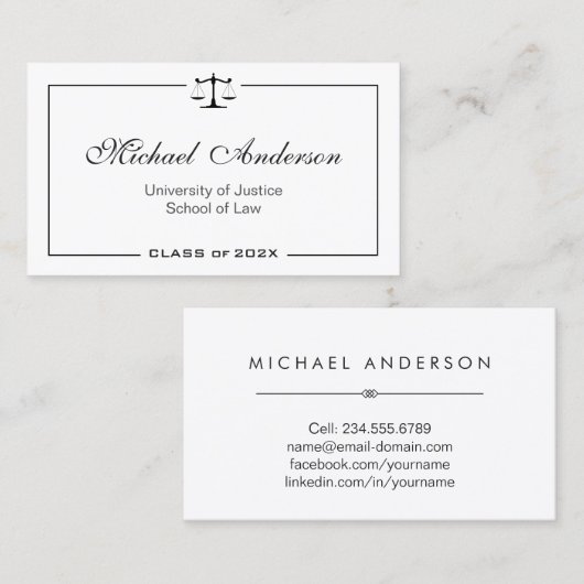 Einfache saubere Schwarz-Weiß-Jura-Schule Telefonnummerkarte (Vorne/Hinten)