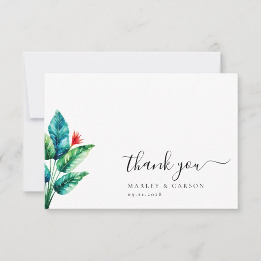 Einfache, saubere Tropengrüne Leaf Hochzeit Dankeskarte (Vorderseite)