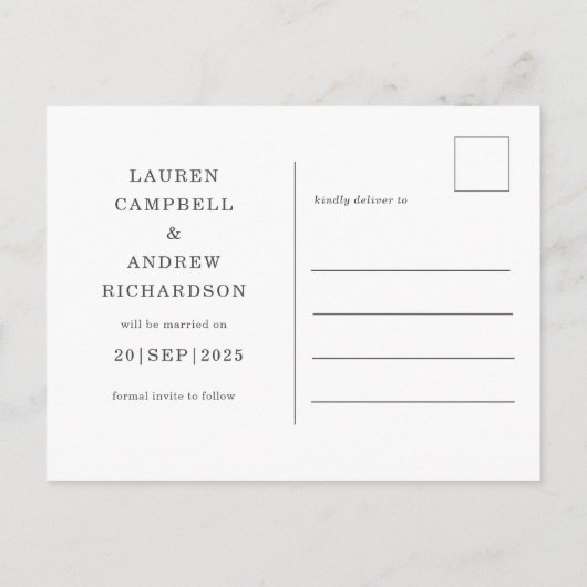 Einfache Save the Date-Schwarz-Weiß-Hochzeit Postkarte (Rückseite)