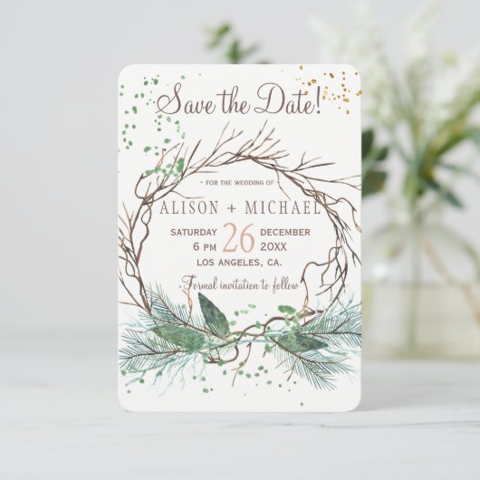 Einfache schicke rustikale Winterkranz rett Hochze Save The Date (Stehend Vorderseite)