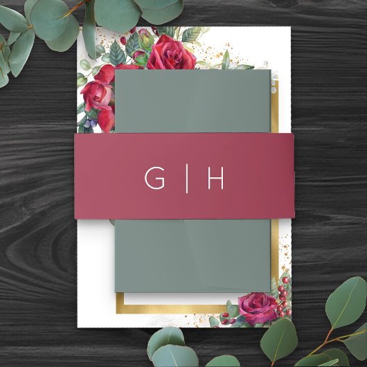 Einfache Schlichte Burgundy Red Mit Monogramm Wedd Einladungsbanderole