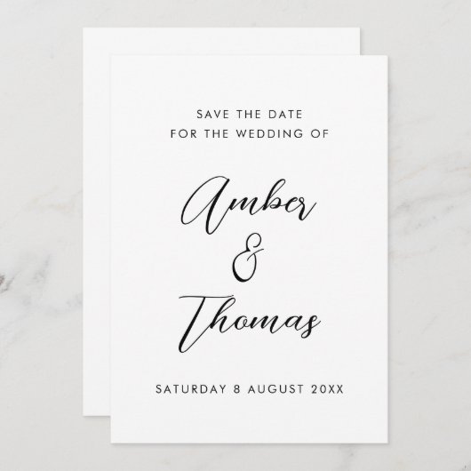 Einfache Schlichte Schwarzweiß-Weiß-Kalligrafie Save The Date (Vorne/Hinten)