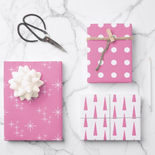 Einfache Schneeflocken Weihnachtsbäume Rosa Geschenkpapier Set (Vorderseite)