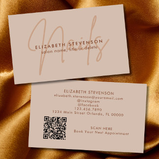 Einfache Schokolade Brown Script Nail Artist QR Co Visitenkarte