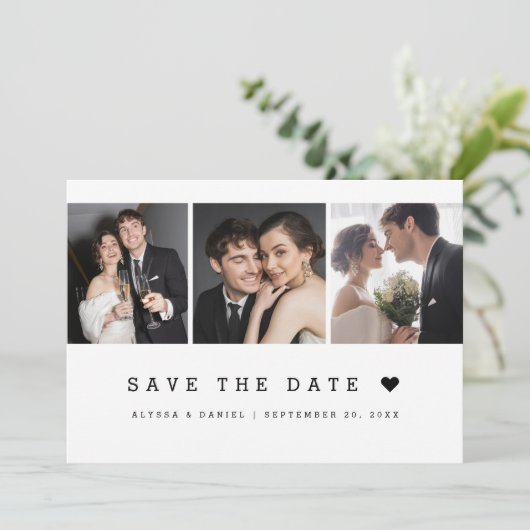 Einfache Schreibmaschine Herz Custom Fotos Hochzei Save The Date (Stehend Vorderseite)
