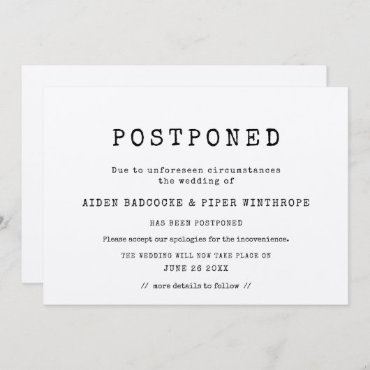 einfache Schreibmaschine Zurückgestellt Hochzeit Einladung (Vorne/Hinten)