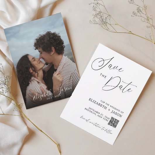Einfache Schrift QR-Code Foto Hochzeit Save The Date