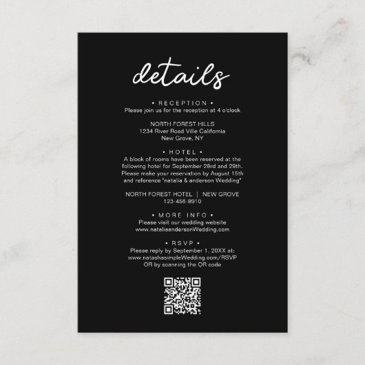 Einfache Schwarz-Chic-Script QR-Code Hochzeitsdeta Begleitkarte (Vorderseite)