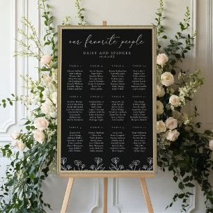 Einfache Schwarz-Flora-Kontur Hochzeitsdiagramm Poster