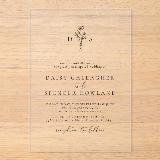 Einfache Schwarz-Floral Monogram Wedding Clear Acryleinladungen (Vorderseite)