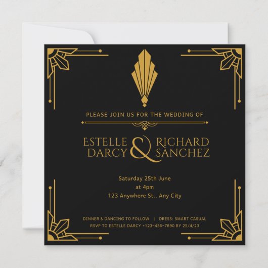 Einfache Schwarz/Gold Hochzeitskarte Einladung (Vorderseite)