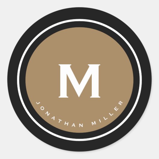 Einfache Schwarz-Gold-Klassik-Monogramm Runder Aufkleber (Vorderseite)
