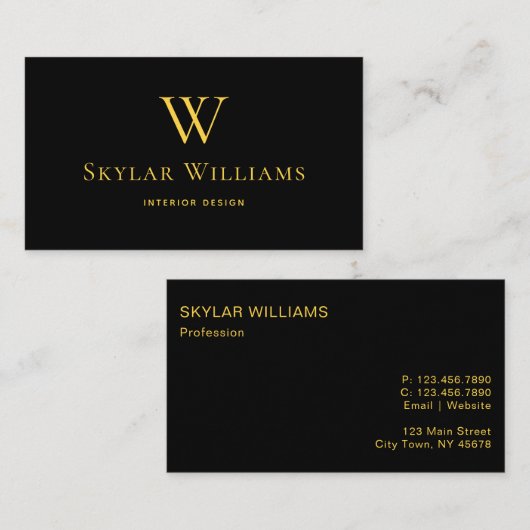 Einfache Schwarz-Gold-Monogramm Visitenkarte (Vorne/Hinten)