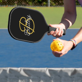 Einfache Schwarz-Gold-Retro-Script-Monogramm Pickleball Schläger