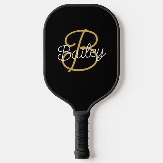 Einfache Schwarz-Gold-Retro-Script-Monogramm Pickleball Schläger (Vorderseite)